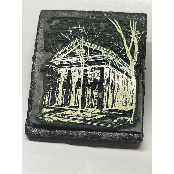 Jewelry - Vintage Handmade Mausoleum Trees Brooch Pin Slate Gold & Black Colored Graveyard
